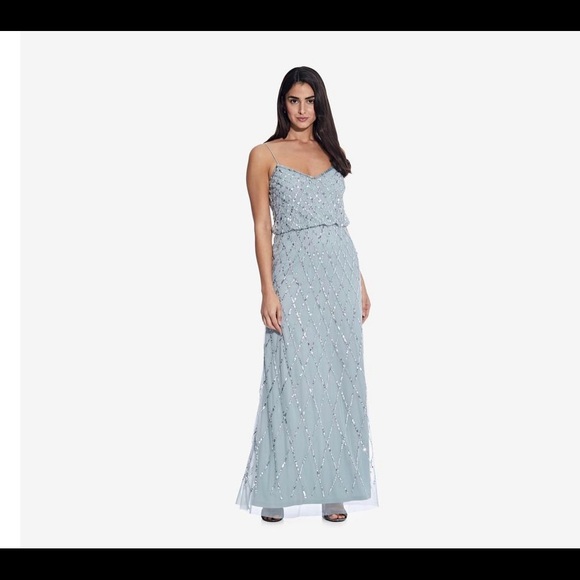 white christmas dresses Jasmine Beaded Blouson Gown With Sheer Short Sleeves In Dusty Blue main image 1